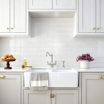 Vamos Tile Peel and Stick Backsplash, Glossy 40-Piece 3''x12'' Subway Tile | Dolomite White with White Grout Wall Tile,PVC Faux Stone Stick on Subway Tiles for Kitchen,Bathroom,Laundry,Camper,Fireplace