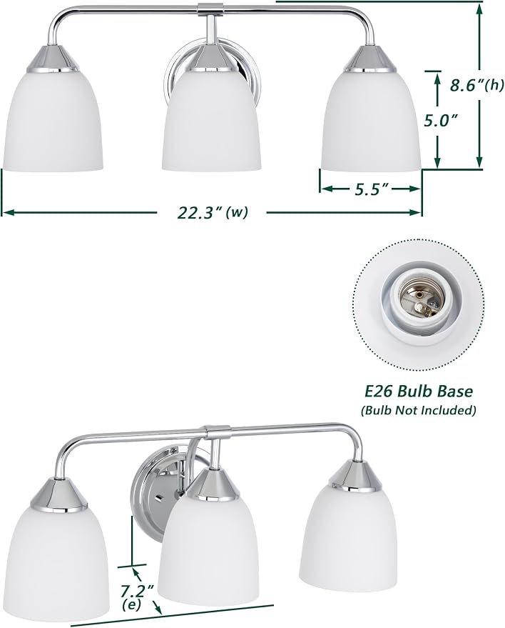 Chrome 3-Light Traditional Bathroom Vanity Light Fixtures Over Mirror, Modern Vanity Lights for Living Room, Standard E26 Base, Chrome