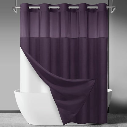 SORTTO No Hook Slub Shower Curtain with Liner, 71x74, Purple | Snap in Liner, 3 in 1, Bamboo Texture, Hotel Style, Waterproof Fabric, Mesh Top Window, Corner Magnets, Machine Washable