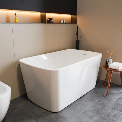 49" Acrylic Freestanding Bathtub - Japanese Square Soaking Tub with Built-in Seat & Toe-Tap Drain, Glossy White Finish, CUPC Certified