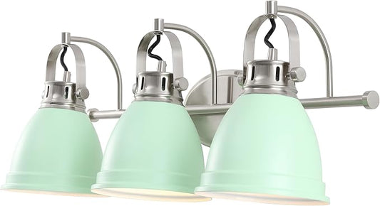 JONATHAN Y 25.5" Mint Green/Nickel 3-Light LED Vanity Light, Adjustable Wall Sconce for Bathroom Mirror, Farmhouse Bohemian Kitchen Light, Iron Black Bell Shade (JYL1116C)