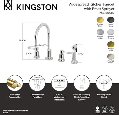 Kingston Brass KS8728DLBS 8" Widespread Kitchen Faucet with Brass Sprayer, Brushed Nickel