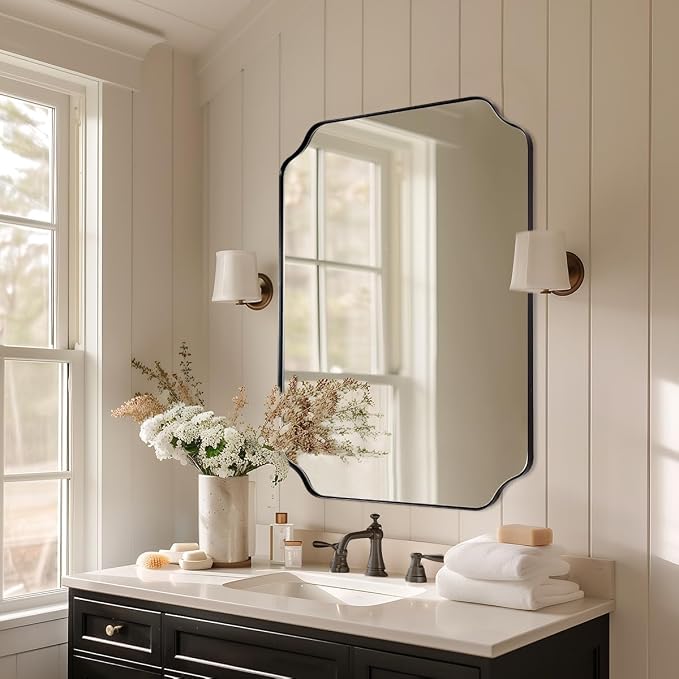 22X30 Inch Matte Black Scalloped Mirrors for Bathroom Sink | Rust-Proof Stainless Steel Frame, Aesthetic Notched Corner Design, Electronic Display Grade Glass, Ideal for Bathroom Remodel