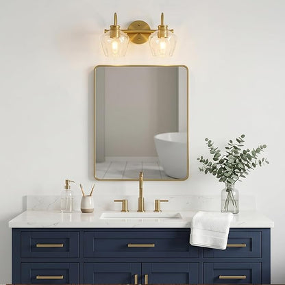Brushed Gold Vanity Light, 2 Light Bathroom Light Fixtures with Clear Diamond-Shape Hammered Glass, Brass Vintage Ripple Wall Lights for Hallway, Bedroom, Anti-Rust, E26 Base (No Bulbs)
