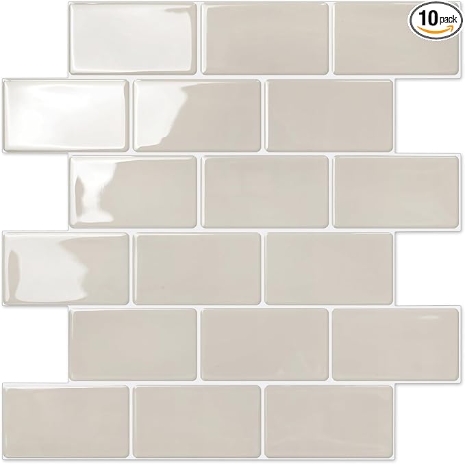 STICKGOO Subway Tile Peel and Stick Backsplash, Thicker Design 12" x 12" Stick on Backsplash Tiles for Kitchen, Bathroom, Wall Tile (10 Sheets, Light Gray Beige)