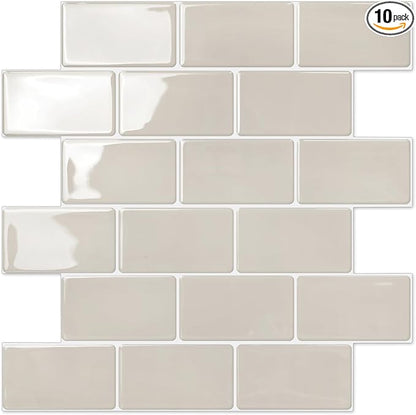 STICKGOO Subway Tile Peel and Stick Backsplash, Thicker Design 12" x 12" Stick on Backsplash Tiles for Kitchen, Bathroom, Wall Tile (10 Sheets, Light Gray Beige)