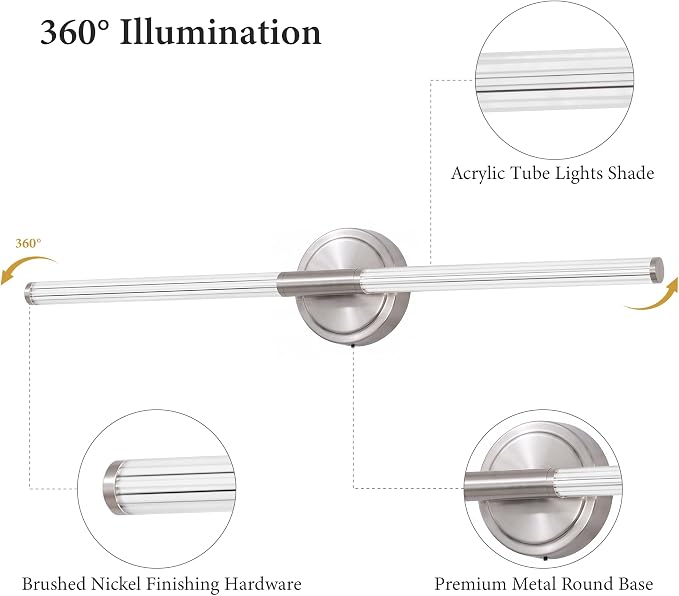 URSOLA 32" Modern LED Bathroom Light Fixtures, Brushed Nickel 3CCT Dimmable Bathroom Vanity Light Over Mirror, Bathroom Vanity Bath Bar Lights with 360° Removable Acrylic Light Tube