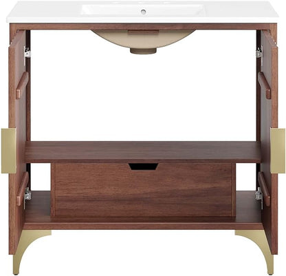 Modway Daylight Bathroom Vanity Cabinet with Ceramic Sink Basin, 36 Inch, White Walnut