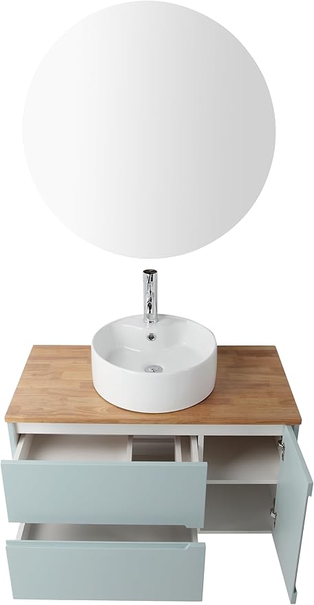 36 inch Bathroom Vanity with Sink and Solid Wood Countertop, Wall Mounted Bathroom Vanity Cabinet with 2 Drawers & 1 Door, Modern Floating Bathoom Vanity Set Include Round Ceramic Basin Sink & Mirror