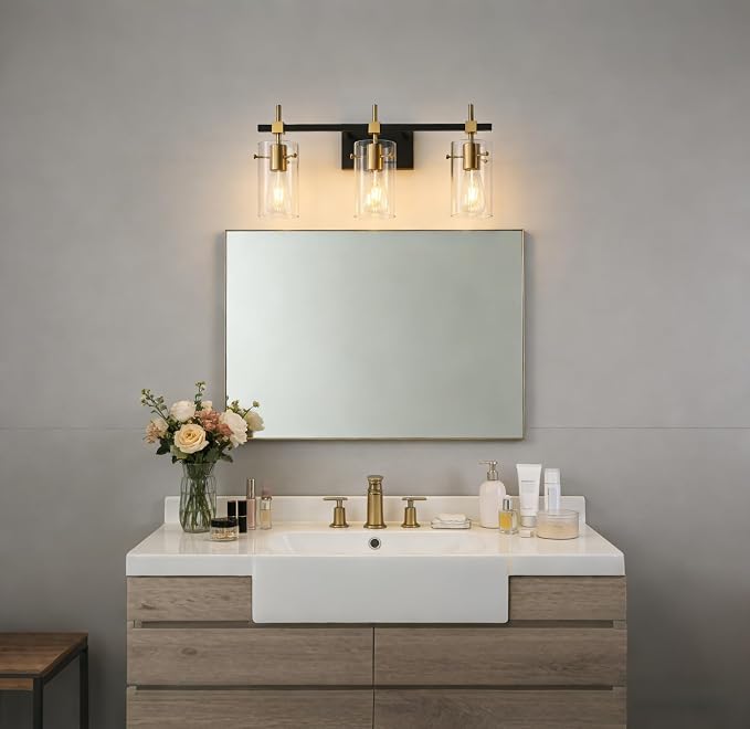 SOLFART Vintage Vanity Lights Bathroom Light Fixture Over Mirror for Bath Glass Shade Light Black and Brass Modern Style 3 Lights