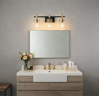 SOLFART Vintage Vanity Lights Bathroom Light Fixture Over Mirror for Bath Glass Shade Light Black and Brass Modern Style 3 Lights