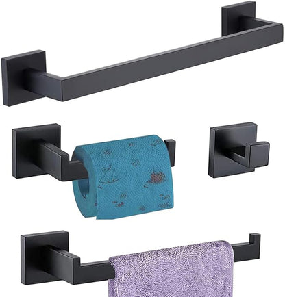 Bathroom Hardware Set 4 Piece Matte Black Bathroom Accessories Set SUS304 Towel Bar Set Includes Towel Bar 16 Inch+Towel Holder+Toilet Paper Holder+Towel Hooks (4, Matte Black, 16 Inch)