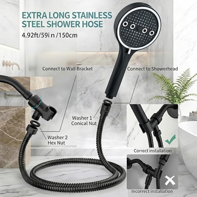 Handheld Shower Head with Hose, 6 Spray Settings, High Pressure, Chrome Finish, Rain, Pulse, Boost, Spray, Mix, Cleaning Modes (Black)