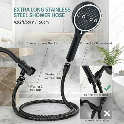 Handheld Shower Head with Hose, 6 Spray Settings, High Pressure, Chrome Finish, Rain, Pulse, Boost, Spray, Mix, Cleaning Modes (Black)