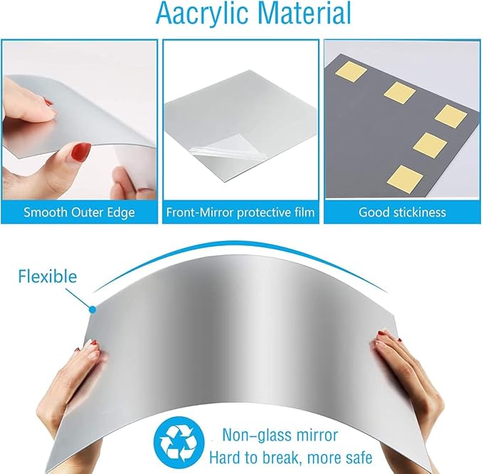 16" x 12" x 4Pcs Acrylic Mirror Sheets, Decorative Wall Mirrors | Flexible Full Body Full Length Mirror Tiles with Self Adhesive Tapes, Non Glass Mirror Stickers for Bathroom Gym Wall Decor