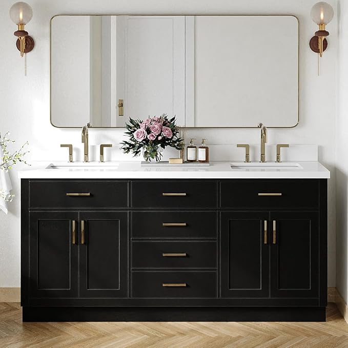ARIEL Hepburn 72-inch Bathroom Vanity with Sink,Solid Wood, 1.5-inch Pure White Quartz Countertop & Backsplash, Double Rectangular Porcelain Sink, 4 Soft Closing Doors, 6 Dovetail Drawers, Black