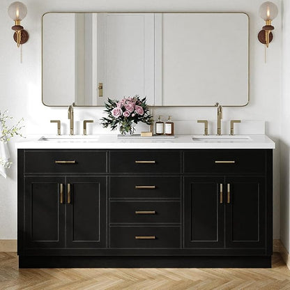 ARIEL Hepburn 72-inch Bathroom Vanity with Sink,Solid Wood, 1.5-inch Pure White Quartz Countertop & Backsplash, Double Rectangular Porcelain Sink, 4 Soft Closing Doors, 6 Dovetail Drawers, Black
