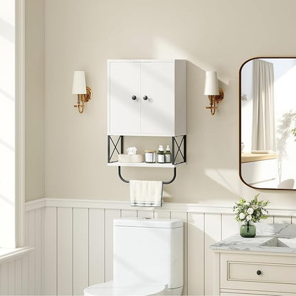 Bathroom Wall Cabinet with 2 Door and Adjustable Shelf, Farmhouse Medicine Cabinet with Towel Rack, 3-Tier Wall Mounted Storage Cabinet Over The Toilet for Bathroom Laundry Room, White