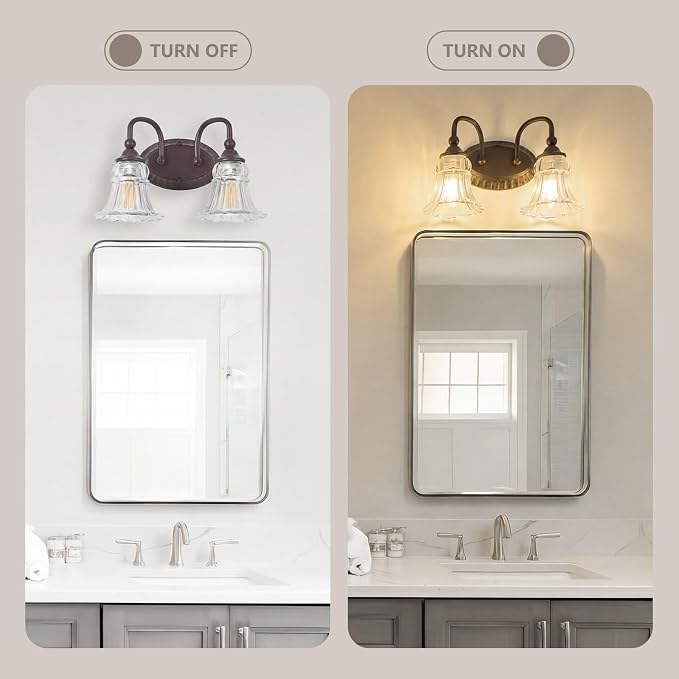 2-Light Vintage Bathroom Light Fixtures, Oil Rubbed Bronze | Vanity Lights Over Mirror with Floral Glass Shade for Bathroom Powder Room, Living Room Hallway