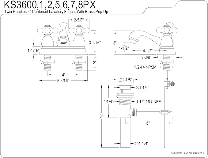 Kingston Brass KS3600PX 4 in. Centerset Bathroom Faucet, Matte Black