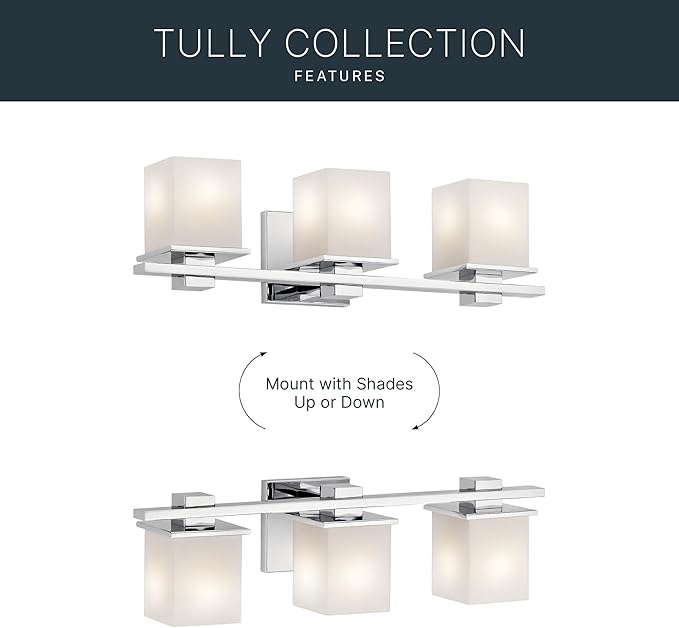 Kichler Tully 24" Vanity Light in Chrome, 3-Light Modern Bathroom Light with Satin Etched Cased Opal Glass, (24" W x 6.5" H), 45151CH