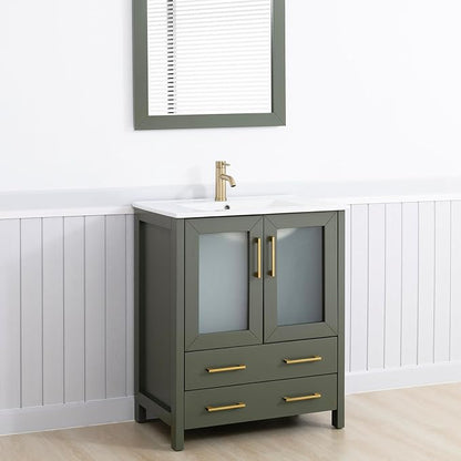 Vanity Art 30 Inch Under Mount Single Sink Bathroom Vanity Cabinet with 1 Mirror, Ceramic Top Bathroom Cabinet Compact Set with 2 Dovetail Storage Drawers and Golden Brushed Handles, VA3030-VG