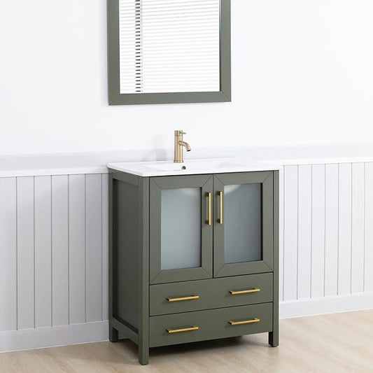 Vanity Art 30 Inch Under Mount Single Sink Bathroom Vanity Cabinet with 1 Mirror, Ceramic Top Bathroom Cabinet Compact Set with 2 Dovetail Storage Drawers and Golden Brushed Handles, VA3030-VG