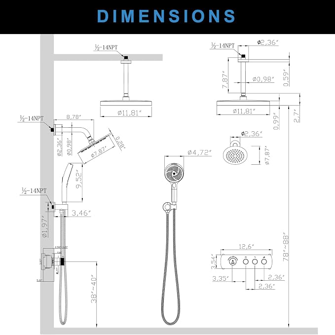 Shower System Brass Thermostatic Shower Faucet Set With Valve and Diverter Shower Mixer with 2 Rain Shower Head and Multi-function Handheld Head（Brushed Gold）