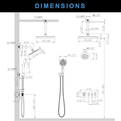 Shower System Brass Thermostatic Shower Faucet Set With Valve and Diverter Shower Mixer with 2 Rain Shower Head and Multi-function Handheld Head（Brushed Gold）
