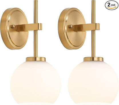 Gold Battery Operated Wall Sconce Set of 2, Wireless Rechargeable Sconces Wall Lighting with Remote Control, LED Dimmable Wall Lights with Opal White Glass Shade, 12 Colors RGB & 3 CCT Bulb