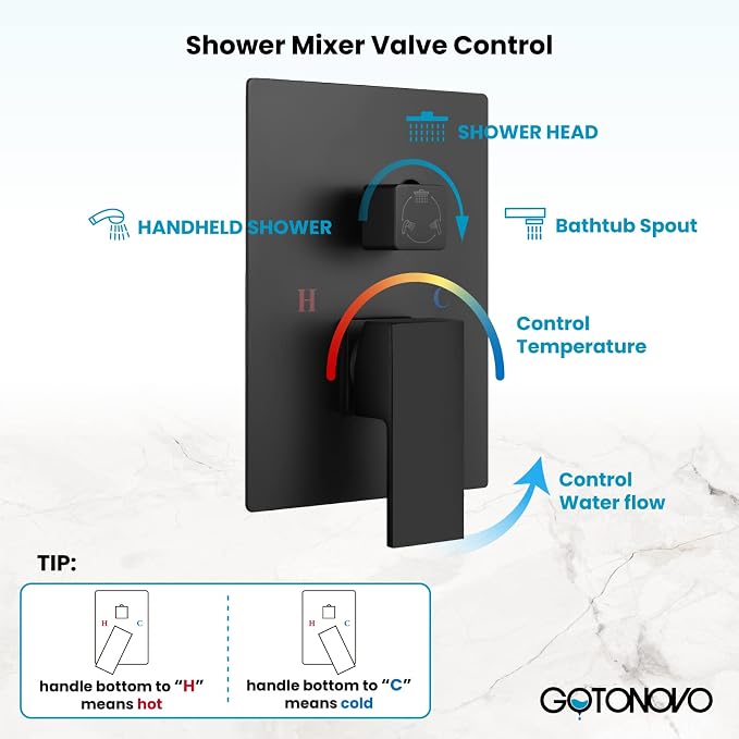 gotonovo Tub Shower Faucet Set with Valve Kit 8’’ Head,Matte Black | Shower System with Tub Spout,SUS304 Rain Head with Handheld Sprayer,Swivel Spout,All Metal,Rough-In Valve Trim Kit,Wall Mount