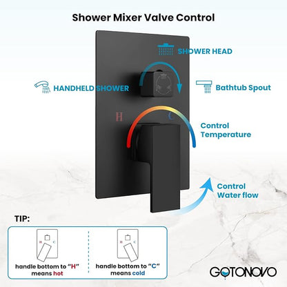 gotonovo Tub Shower Faucet Set with Valve Kit 8’’ Head,Matte Black | Shower System with Tub Spout,SUS304 Rain Head with Handheld Sprayer,Swivel Spout,All Metal,Rough-In Valve Trim Kit,Wall Mount