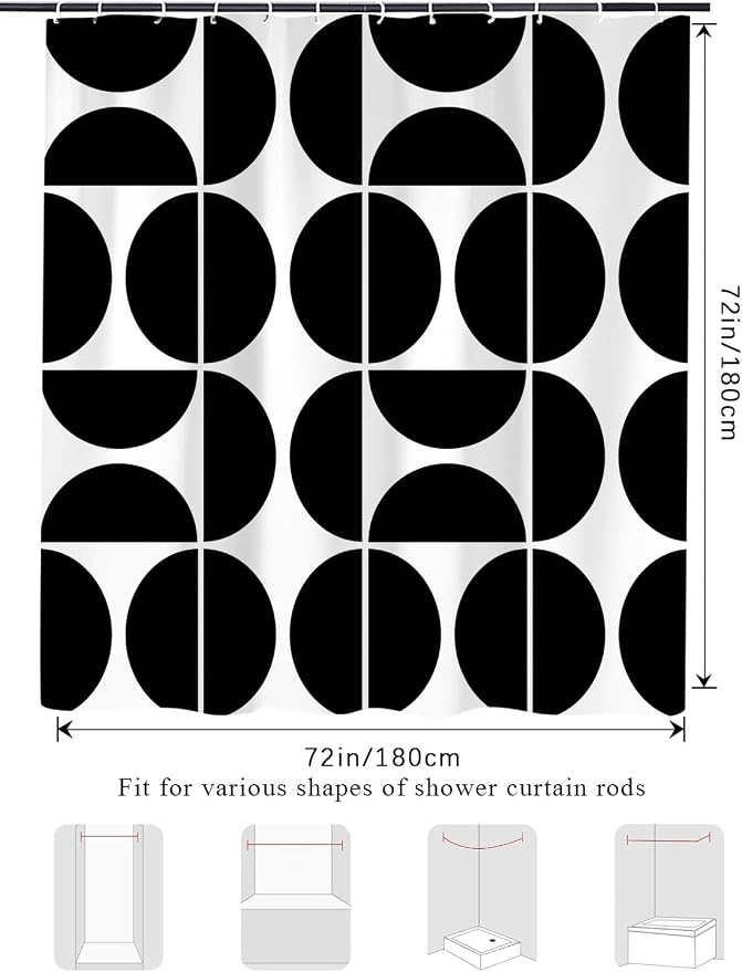 Black and White Mid Century Modern Shower Curtain, Boho Abstract Geometric Retro Art Bath Curtains For Bathroom, Colorful Unique Pattern Waterproof Polyester Fabric Bathroom Set 12 Hooks 72X72IN