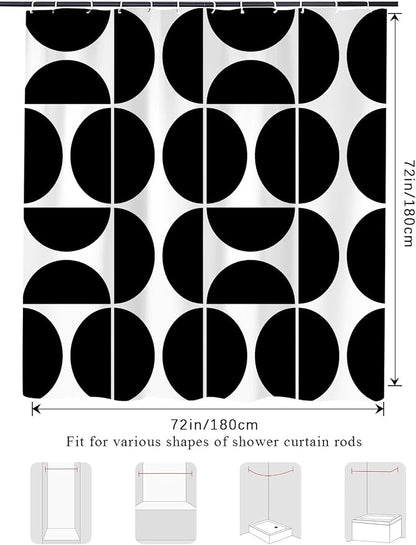 Black and White Mid Century Modern Shower Curtain, Boho Abstract Geometric Retro Art Bath Curtains For Bathroom, Colorful Unique Pattern Waterproof Polyester Fabric Bathroom Set 12 Hooks 72X72IN