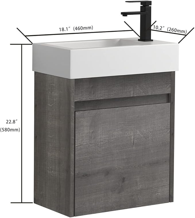Wall Mount 18 Inch Bathroom Vanity W/Sink Combo for Small Space, Modern Design Vanity Cabinet Gel Basin Countertop, Float Mounting Design Cabinet Set with Single Soft Close Doors (without Faucet)