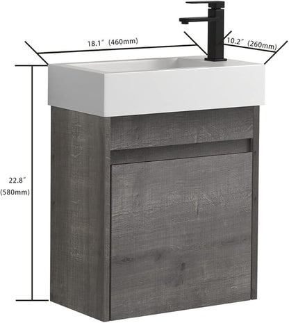 Wall Mount 18 Inch Bathroom Vanity W/Sink Combo for Small Space, Modern Design Vanity Cabinet Gel Basin Countertop, Float Mounting Design Cabinet Set with Single Soft Close Doors (without Faucet)