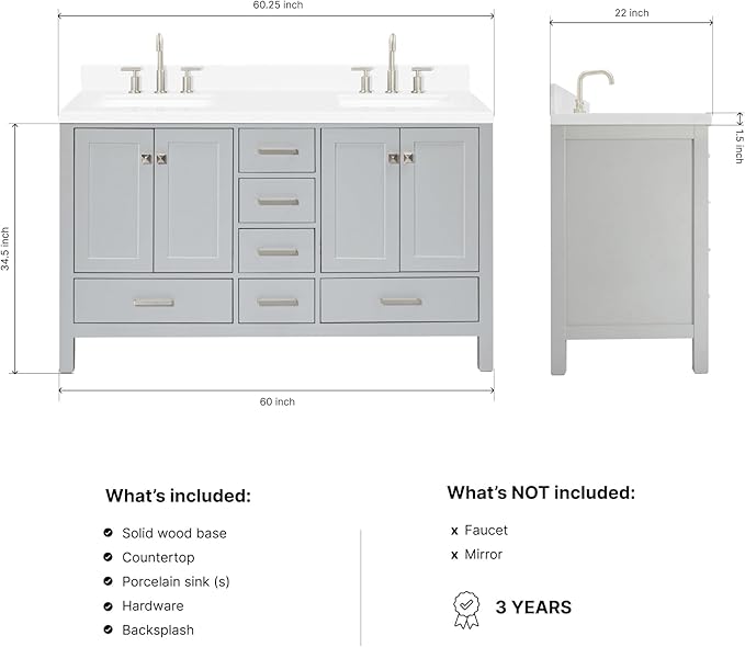 ARIEL Cambridge 60-inch Bathroom Vanity with Sink,Solid Wood, 1.5-inch Carrara White Quartz Countertop, Double Rectangular Porcelain Sink, 4 Soft Closing Doors, 6 Dovetail Drawers, Grey