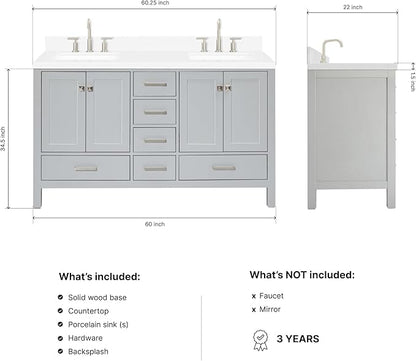 ARIEL Cambridge 60-inch Bathroom Vanity with Sink,Solid Wood, 1.5-inch Carrara White Quartz Countertop, Double Rectangular Porcelain Sink, 4 Soft Closing Doors, 6 Dovetail Drawers, Grey