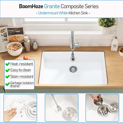 33 Inch White Undermount Kitchen Sink | 33x19 Granite Composite Kitchen Sink Quartz Undermount Single Bowl Deep Kitchen Sink with Countertop Squeegee Brush Combo