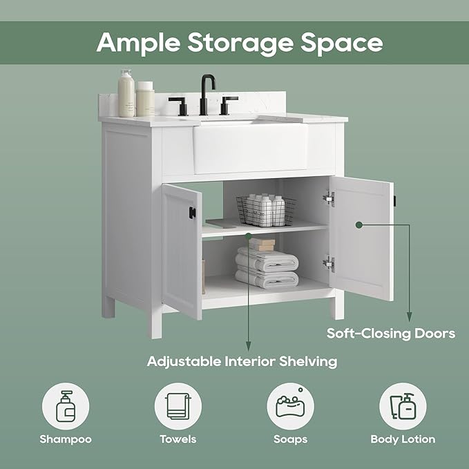 36 Inch White Bathroom Vanity with Sink, Farmhouse Bathroom Vanities Cabinet with Soft Closing Doors, Vanity for Bathroom with Apron Farm Sink, Solid Wooden Frame