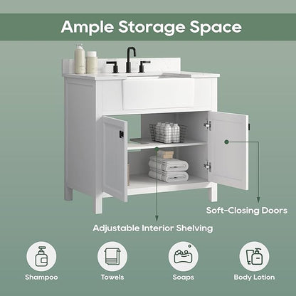 36 Inch White Bathroom Vanity with Sink, Farmhouse Bathroom Vanities Cabinet with Soft Closing Doors, Vanity for Bathroom with Apron Farm Sink, Solid Wooden Frame