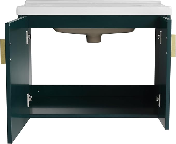 SSLine 28" Wall-Mount Bathroom Vanity Modern Floating Bathroom Vanity Set with Ceramic Sink Basin & Storage Cabinet 28-Inch Luxury Green Small Bathroom Vanities with Round Metal Handles