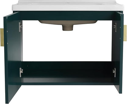 SSLine 28" Wall-Mount Bathroom Vanity Modern Floating Bathroom Vanity Set with Ceramic Sink Basin & Storage Cabinet 28-Inch Luxury Green Small Bathroom Vanities with Round Metal Handles