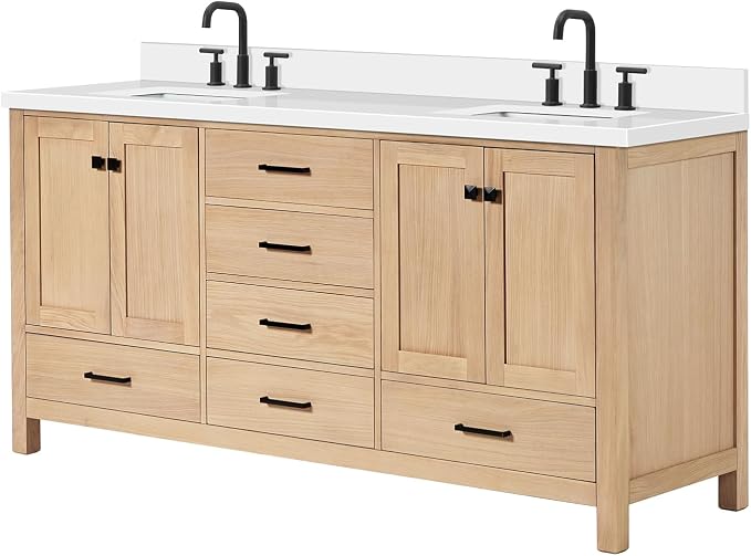 ARIEL Cambridge 72-inch Bathroom Vanity with Sink,Solid Wood, 1.5-inch Pure White Quartz Countertop, Double Rectangular Porcelain Sink, 4 Soft Closing Doors, 6 Dovetail Drawers, White Oak