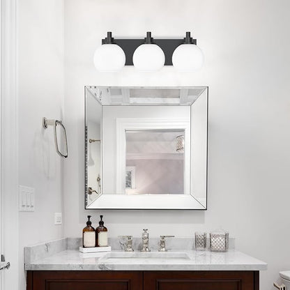 IZORRO Bathroom Light Fixtures, 3-Light Matte Black Vanity Light, Modern Wall Sconces with Globe Milk White Glass Shade, Vanity Lighting Fixtures Over Mirror,E26 Bulb Socket