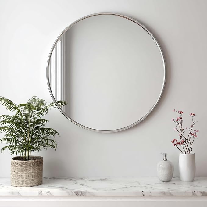 Large Circle Mirror 38 inch, Nickel Circle Mirror with Metal Frame | Brushed Nickel Metal Frame, High Definition, Waterproof, Easy Installation, Suitable for Dressing Room, Cloakroom, Bedroom,