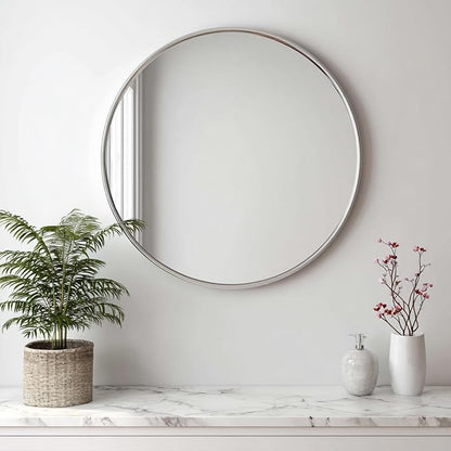 Large Circle Mirror 38 inch, Nickel Circle Mirror with Metal Frame | Brushed Nickel Metal Frame, High Definition, Waterproof, Easy Installation, Suitable for Dressing Room, Cloakroom, Bedroom,