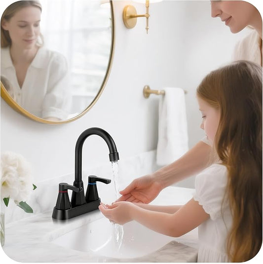 Black Bathroom Faucet 3 Hole, 4 Inch 2-Handle Centerset Bathroom Sink Faucet, Faucet for Bathroom Sink 360° Swivel Bathroom Faucets RV Lavatory Vanity Faucet with Pop-up Drain