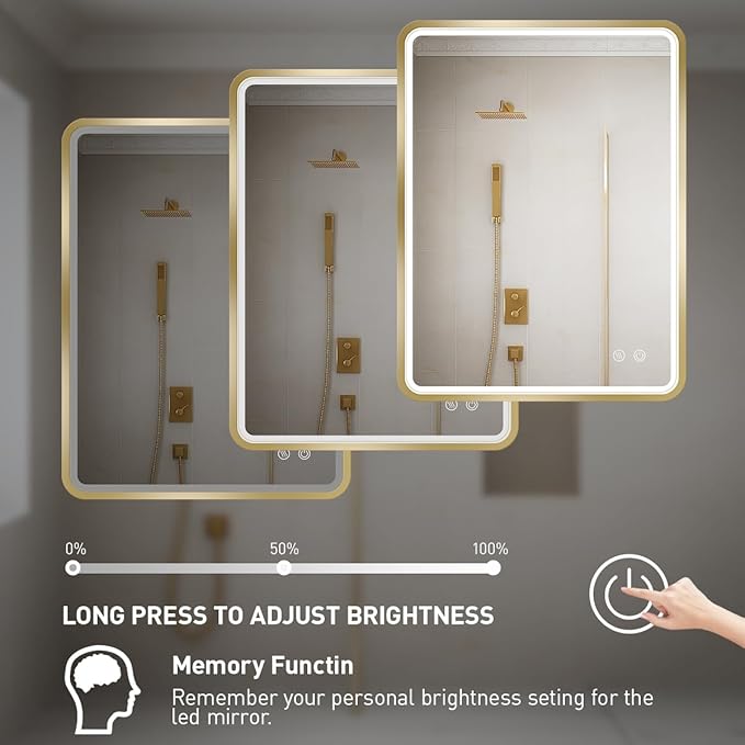 LED Bathroom Mirror with Light,Gold Frame,24x32 Inch | ETL Listed,Anti-Fog,3000K/4500K/6000K Dimmable,Horizontal & Vertical,Wall Mounted,Memory Function