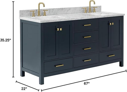ARIEL Cambridge 66-inch Bathroom Vanity with Sink,Solid Wood, 0.75-inch Italian Carrara Marble Countertop, Double Rectangular Porcelain Sink, 4 Soft Closing Doors, 6 Dovetail Drawers, Midnight Blue